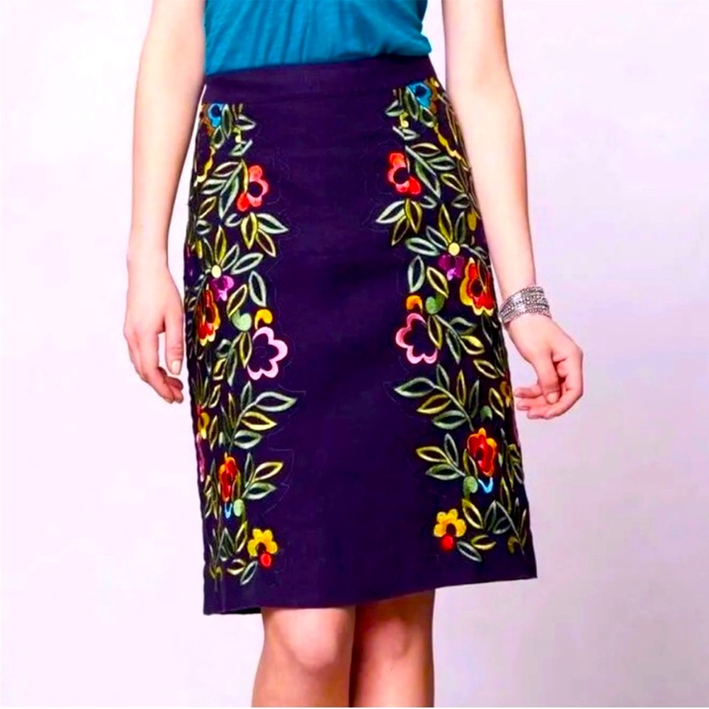 Anthropologie Embroidered Linen Skirt